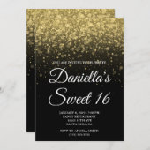Black and Gold Bokeh Confetti Sweet 16 Einladung (Vorne/Hinten)