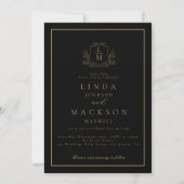 Black and gold botanical crest monogram wedding einladung (Vorderseite)