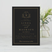 Black and gold botanical crest monogram wedding einladung (Stehend Vorderseite)