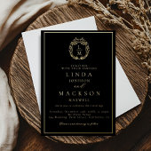 Black and gold botanical crest monogram wedding folieneinladung