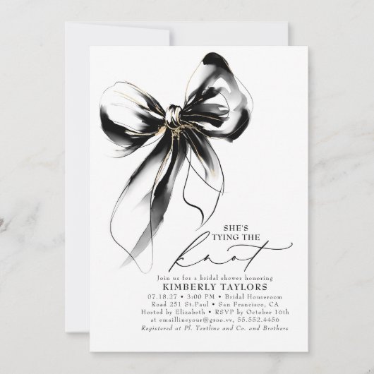 Black and Gold Bow Elegant Whimsical Bridal Shower Einladung (Vorderseite)