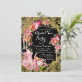 Black and Gold Bridal Tee Party Einladung (Stehend Vorderseite)