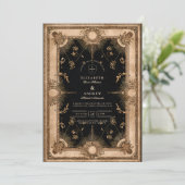 Black and Gold Celestial Baroque Wedding Einladung (Stehend Vorderseite)
