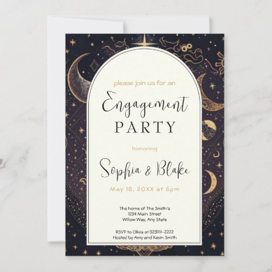 Black and Gold Celestial Moon Engagement Party Einladung (Vorderseite)