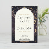 Black and Gold Celestial Moon Engagement Party Einladung (Stehend Vorderseite)