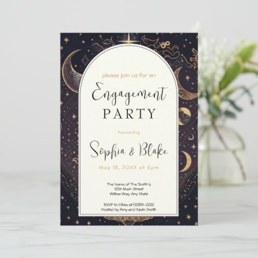 Black and Gold Celestial Moon Engagement Party Einladung (Stehend Vorderseite)