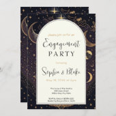 Black and Gold Celestial Moon Engagement Party Einladung (Vorne/Hinten)