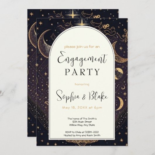 Black and Gold Celestial Moon Engagement Party Einladung (Vorne/Hinten)