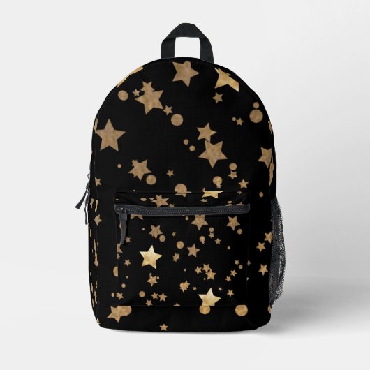 Black and Gold Celestial Stars und Polka Dots Bedruckter Rucksack (Vorderseite)