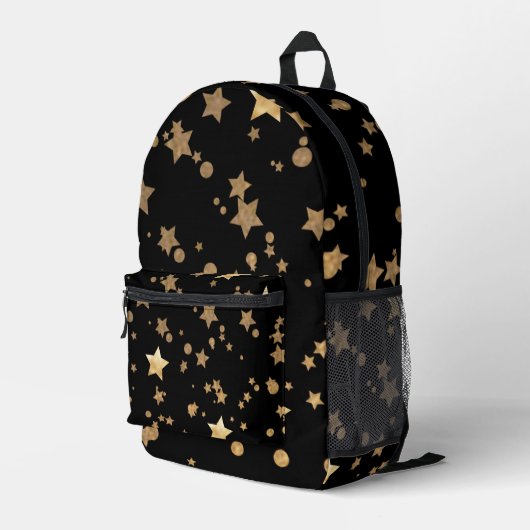 Black and Gold Celestial Stars und Polka Dots Bedruckter Rucksack (Rückseitige Ecke Rechts)