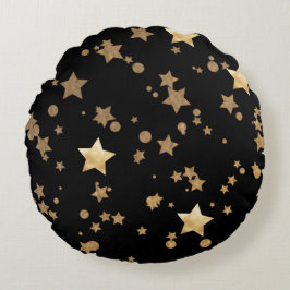 Black and Gold Celestial Stars und Polka Dots Rundes Kissen