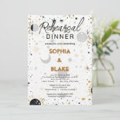Black and Gold Celestial Wedding Probe Dinner Einladung (Stehend Vorderseite)