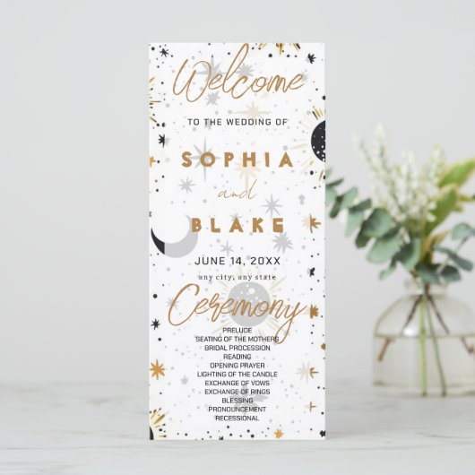 Black and Gold Celestial Wedding Program (Stehend Vorderseite)