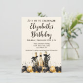 Black and Gold Champagne Geburtstagsparty Einladung (Stehend Vorderseite)