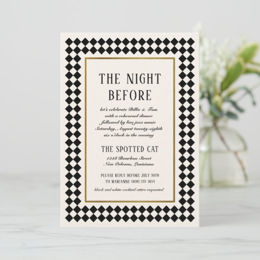 Black and Gold Checkerboard Border Jazz Probe Einladung (Stehend Vorderseite)