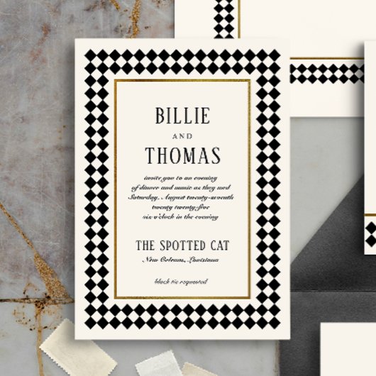 Black and Gold Checkerboard Border Jazz Wedding Postkarte