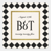 Black and Gold Checkerboard Border Wedding Quadratischer Aufkleber (Vorderseite)