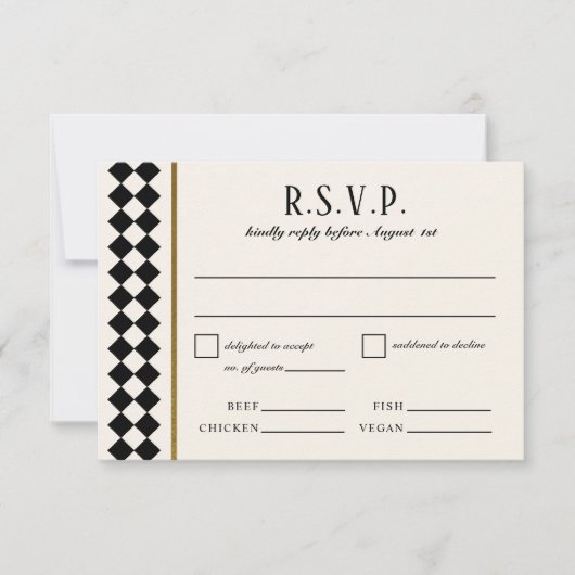 Black and Gold Checkerboard Border Wedding RSVP Karte (Vorderseite)