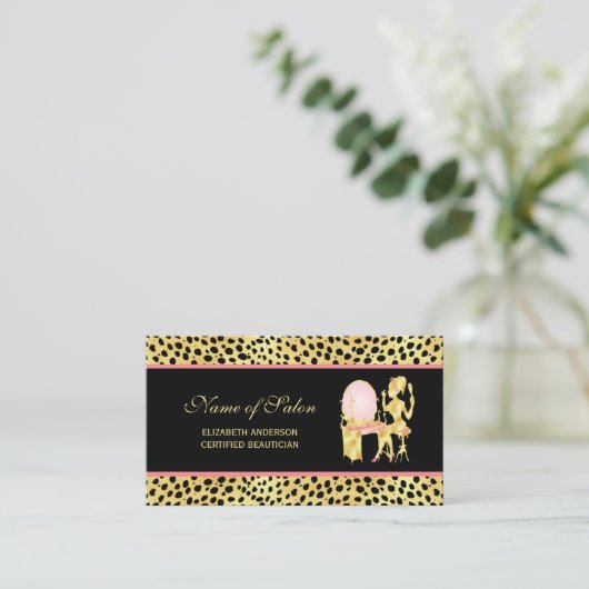 Black and Gold Cheetah Print Salon Woman Glamour Visitenkarte (Stehend Vorderseite)