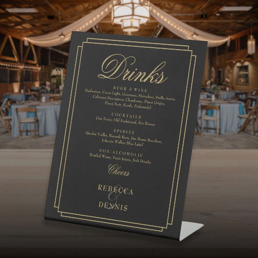 Black and Gold Chic Art Déco Menü für Hochzeitsget Sockelschild