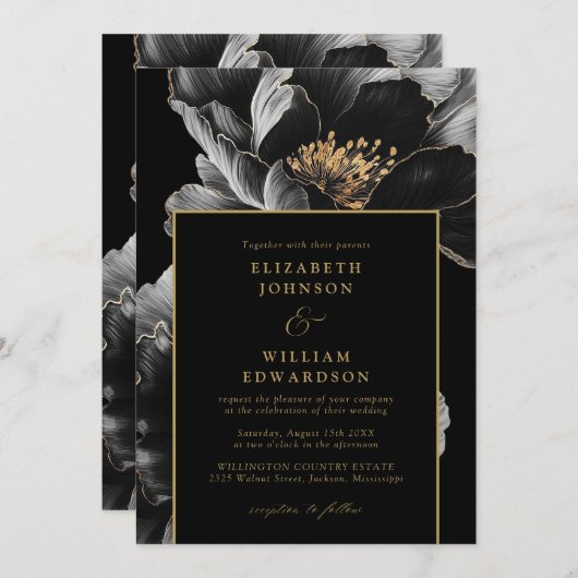 Black and Gold Chic Elegant Floral QR Code Hochzei Einladung (Vorne/Hinten)