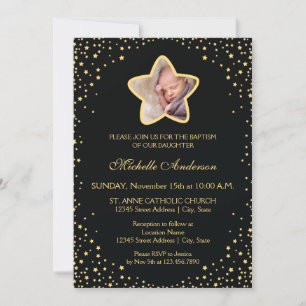 Black and Gold Christening Taufe Baby Star Foto Einladung