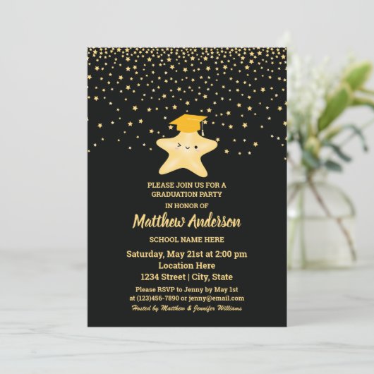 Black and Gold Class 2023 Super Star Abschluss Einladung (Stehend Vorderseite)