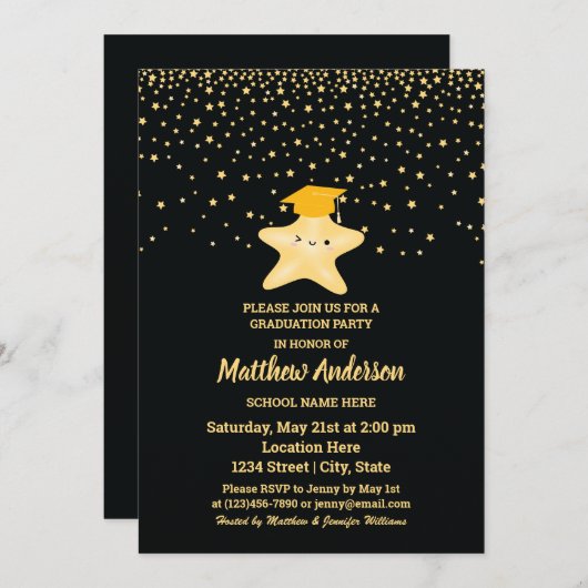 Black and Gold Class 2023 Super Star Abschluss Einladung (Vorne/Hinten)