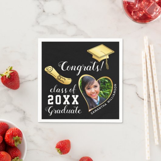 Black and Gold Class 2025 Foto Abschluss Serviette (Beispiel)