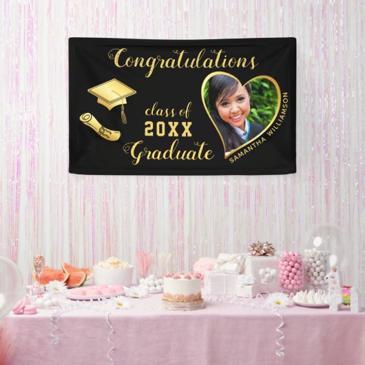 Black and Gold Class 2025 Grad Foto Abschluss Banner (Party)