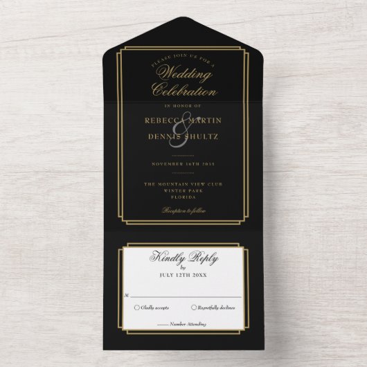 Black and Gold Classic Deko Monogram Wedding All In One Einladung (Innen Boden)