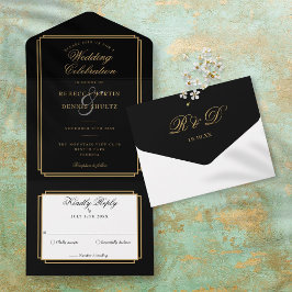Black and Gold Classic Deko Monogram Wedding All In One Einladung