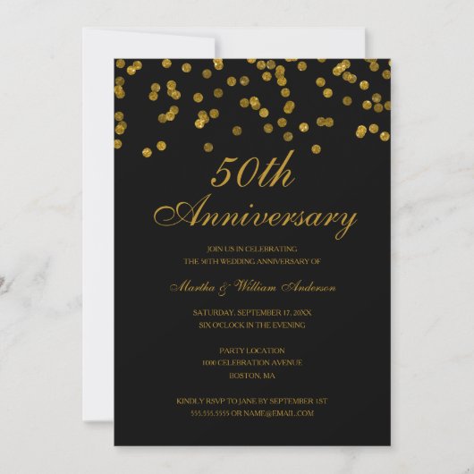 Black and Gold Confetti 50. Hochzeitstag Einladung (Vorderseite)