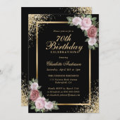 Black and Gold Confetti Blush Bloral 70. Geburtsta Einladung (Vorne/Hinten)