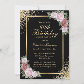 Black and Gold Confetti Blush Floral 60. Geburtsta Einladung
