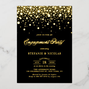 Black and Gold Confetti Dots Engagement Party Folieneinladung