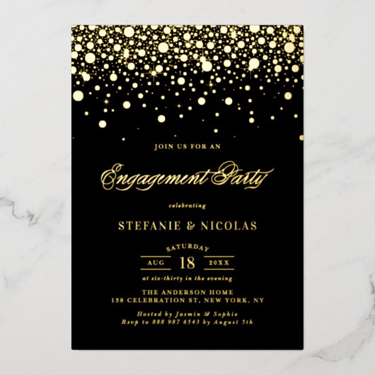 Black and Gold Confetti Dots Engagement Party Folieneinladung (Vorderseite)