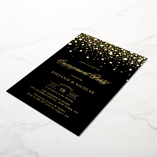 Black and Gold Confetti Dots Engagement Party Folieneinladung (Gedreht)