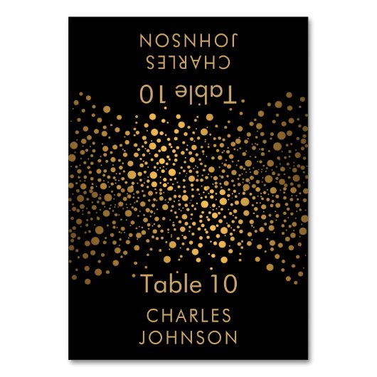 Black and Gold Confetti Dots - Platzkarten Tischnummer (Vorderseite)