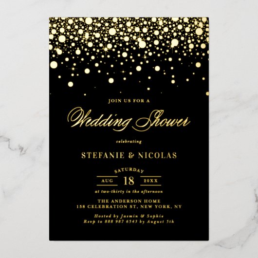 Black and Gold Confetti Dots Polterabend Folieneinladung (Vorderseite)