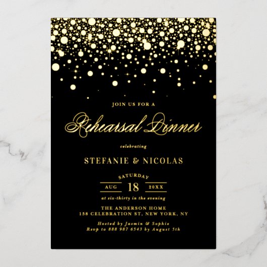 Black and Gold Confetti Dots Probe Dinner Folieneinladung (Vorderseite)