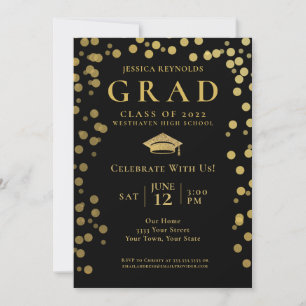 Black and Gold Confetti Foto Graduation Party Einladung