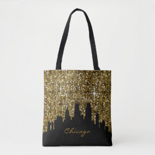 Black and Gold Confetti Glitzer Chicago Skyline Tasche