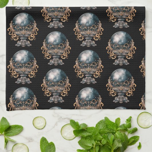 Black and Gold Crystal Ball Pattern Halloween Geschirrtuch (Gefaltet)