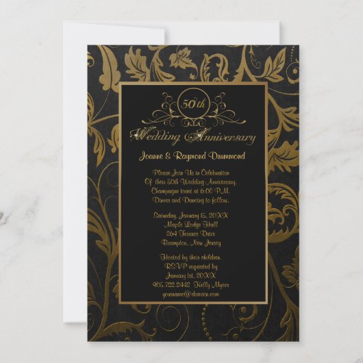 Black and Gold Damask 50. Hochzeitstag Einladung (Vorderseite)
