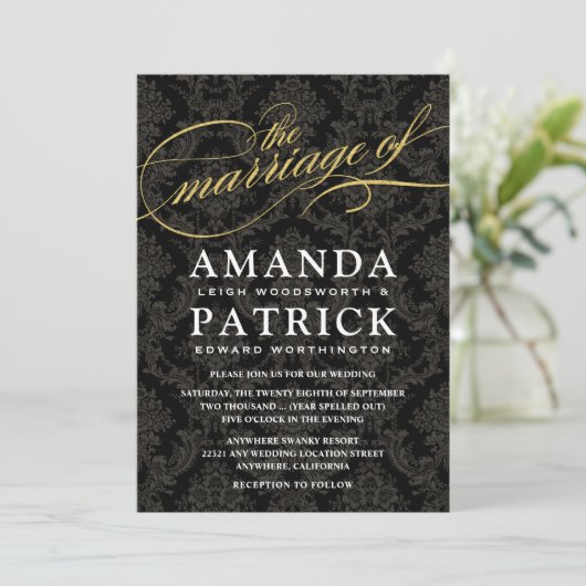 Black and Gold Damask Art Deco Hochzeitsfeiern Einladung (Stehend Vorderseite)