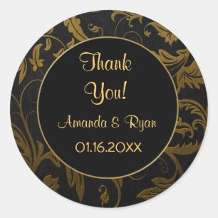 Black and Gold Damask - Danke - Round Runder Aufkleber