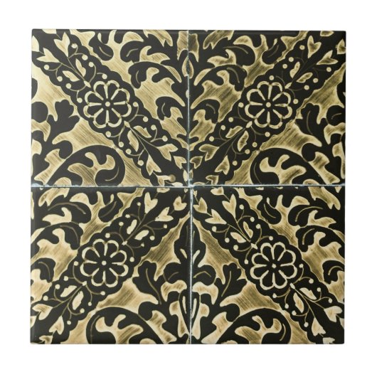 Black and Gold Damask Fliese (Vorderseite)
