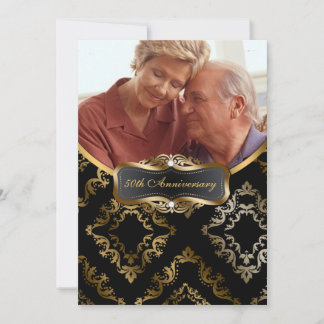 Black and Gold Damask Foto Einladung