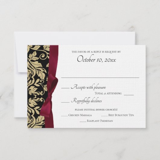 Black and Gold Damask und Burgund Bow Response RSVP Karte (Vorderseite)